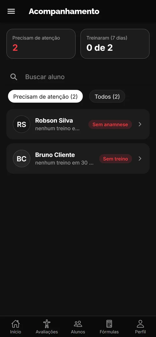 Tela de acompanhamento dos alunos no RS Treino Pro