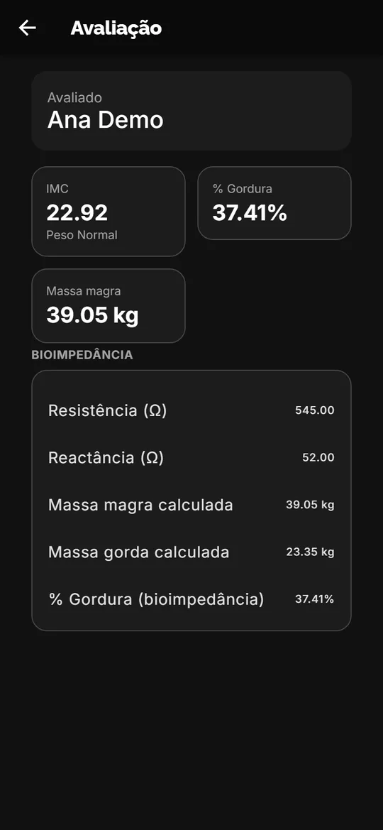 Tela de resultado de avaliação física no RS Treino